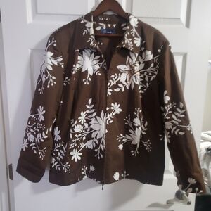 Susan Graver Style Jacket. 2X. Brown White Floral. Zip Up.